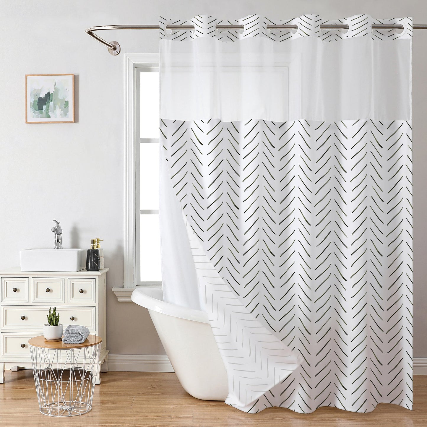 Grey No Hook Shower Curtain with Snap in Liner