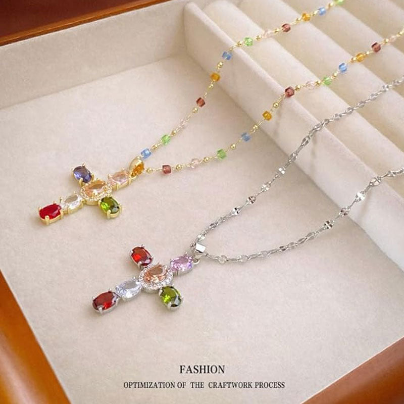 📢📢30% OFF !! ⏰Colorful Rhinestone Cross Pendant Necklaces