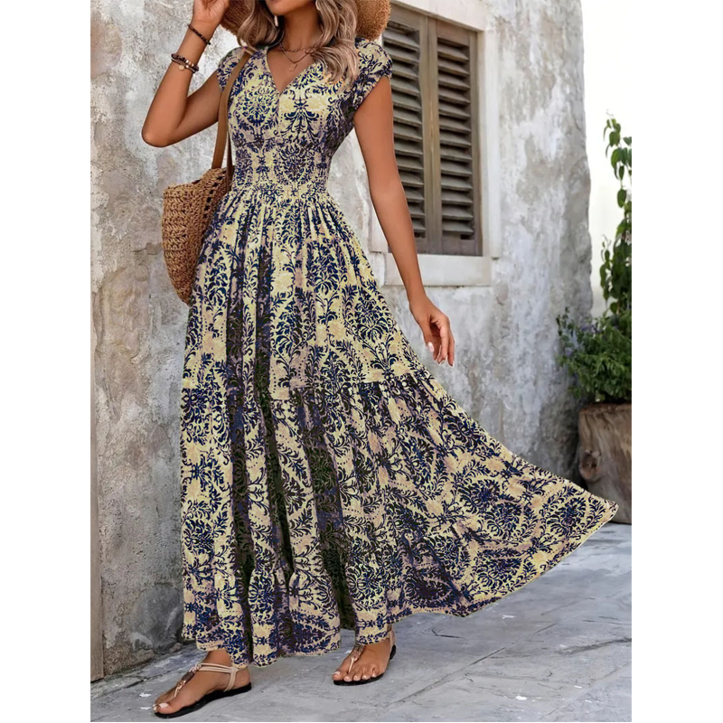 📢📢35% OFF !! ⏰Women's V-Neck Floral Print Smocked Maxi Dress