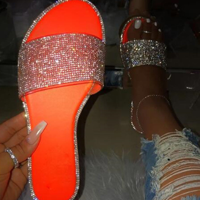 π’π’30% OFF !! β° Women's Sparkling Rhinestone Flat Slide Sandals β Neon Colors, Cushioned Sole & Slip-On Style π