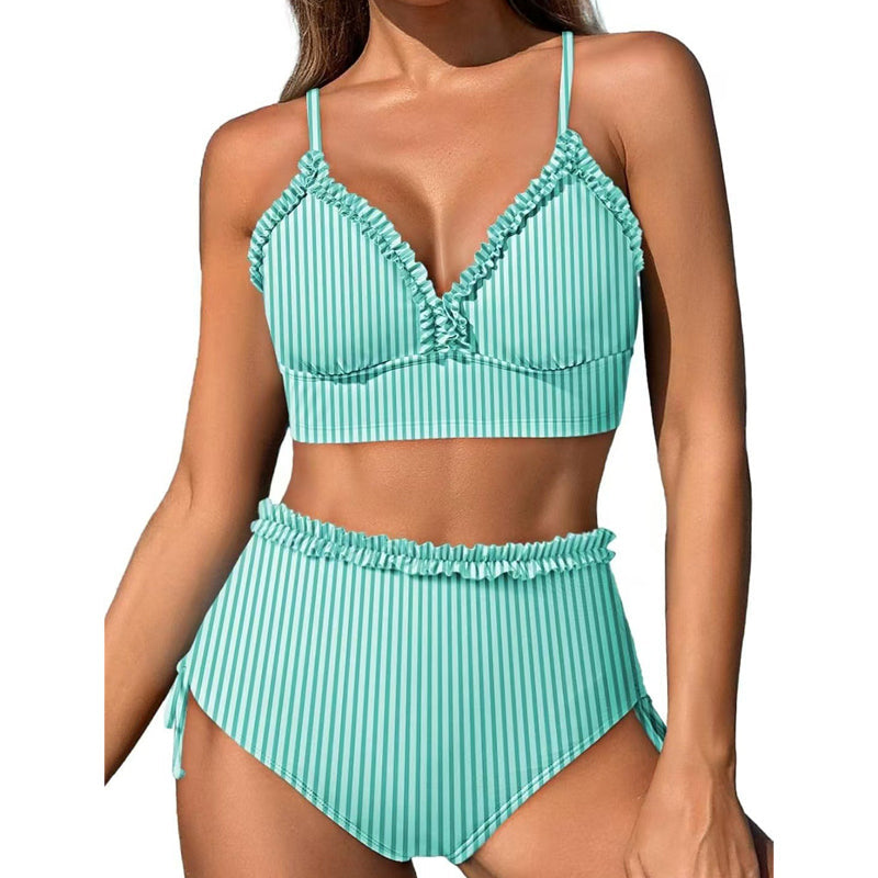📢📢30% OFF !! ⏰Striped Ruffle Trim High-Waisted Bikini Set
