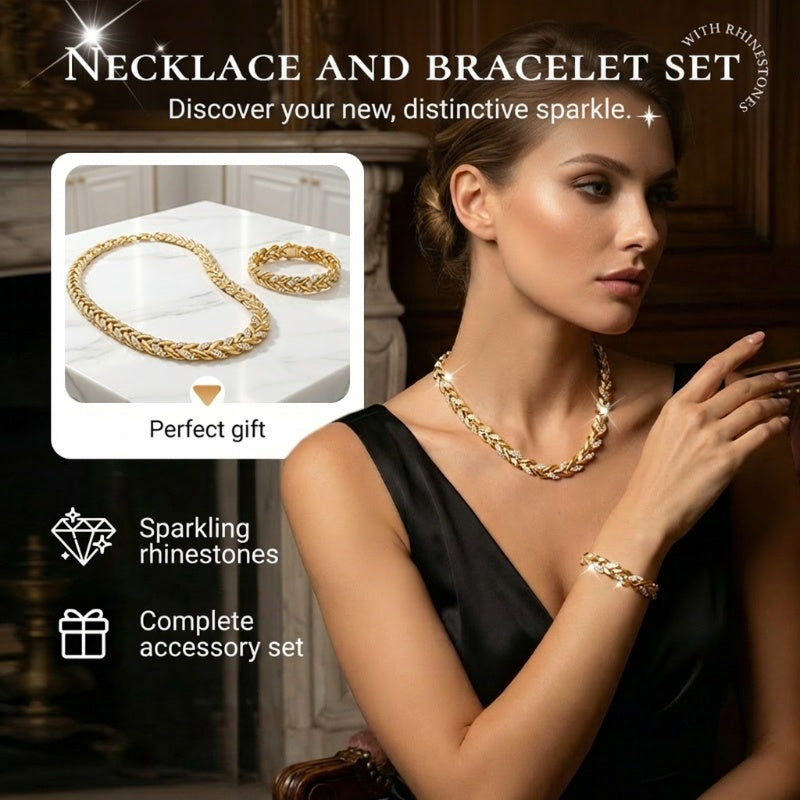 📢📢49% OFF !!!⏰Adjustable Rhinestone Leaf Link Necklace & Bracelet Set