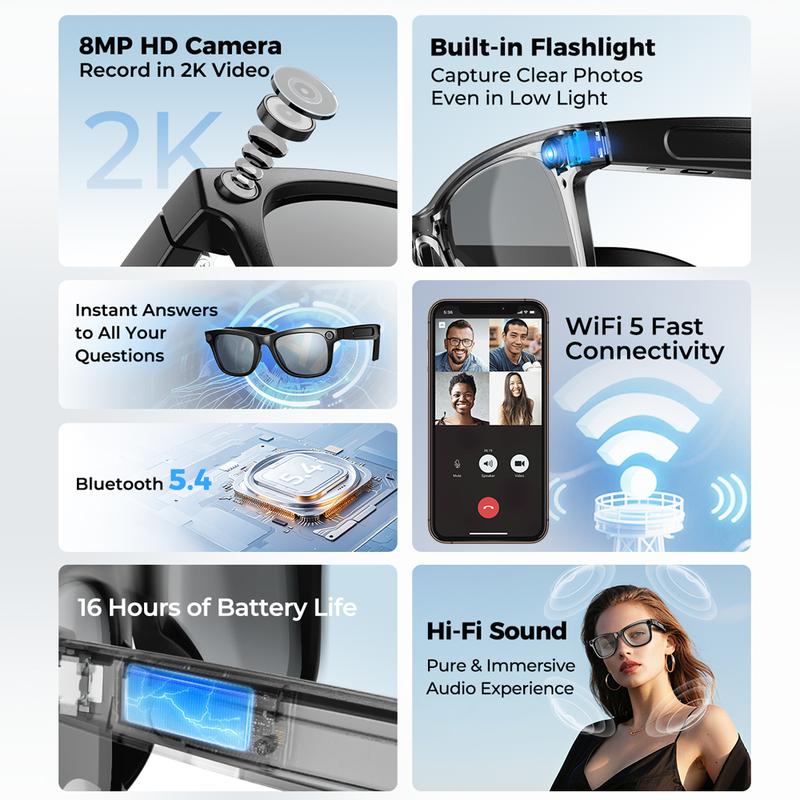 📢📢50% OFF !!!⏰AI smart glasses with ChatGPT, 8 MP camera and HD 1200P 4K video recording, real-time translation in over 160 languages, Bluetooth 5.4, HiFi audio and music control, smart sunglasses with video recording for on the go