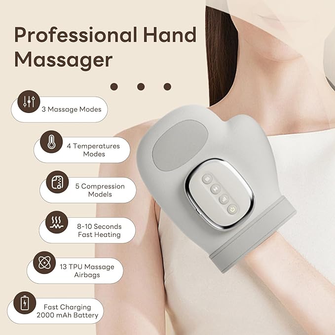 📢📢50%  OFF !!⏰Portable Hand Massager with Heat & Compression, Wireless 3 Modes for Carpal Tunnel Relief