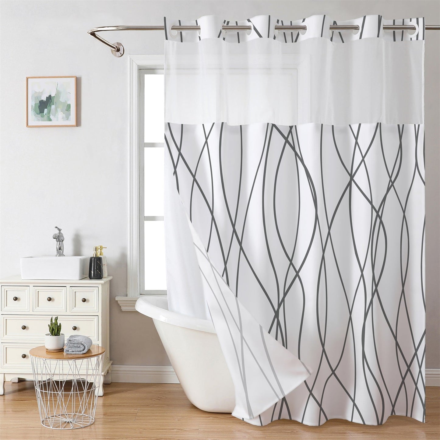 Grey No Hook Shower Curtain with Snap in Liner
