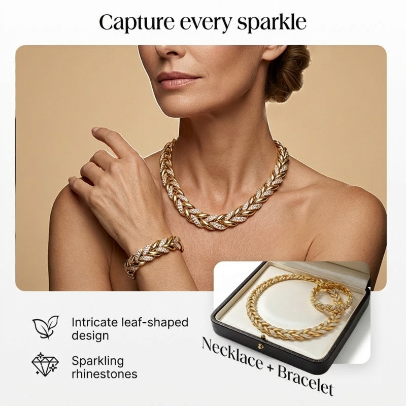📢📢49% OFF !!!⏰Adjustable Rhinestone Leaf Link Necklace & Bracelet Set