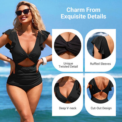📢📢50% OFF !!!⏰ Sexy Ruffled One-Piece Swimsuit – Ruffle Detail, Tummy Control & Vibrant Colors 🌊