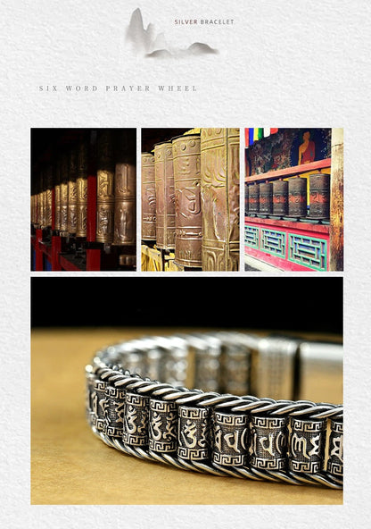 📢📢50% OFF !!!⏰Tibetan Prayer Wheel Bracelet – 925 Sterling Silver, Lucky Charm & Valentine's Day Gift