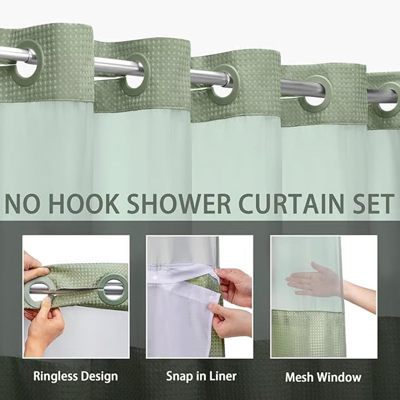 Grey No Hook Shower Curtain with Snap in Liner