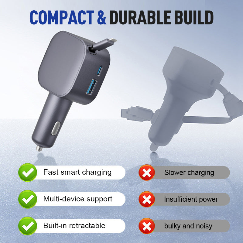 🚗 Compact Retractable Car Charger – Tangle-Free Cable, Dual USB Fast Charging for Phones in Car 🔌