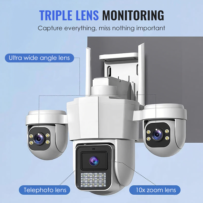 ⏳Limited-time 50% off⏰Say goodbye to blind spot anxiety. With a triple-lens 360° panoramic pan-tilt system, illegal intruders have nowhere to hide.
