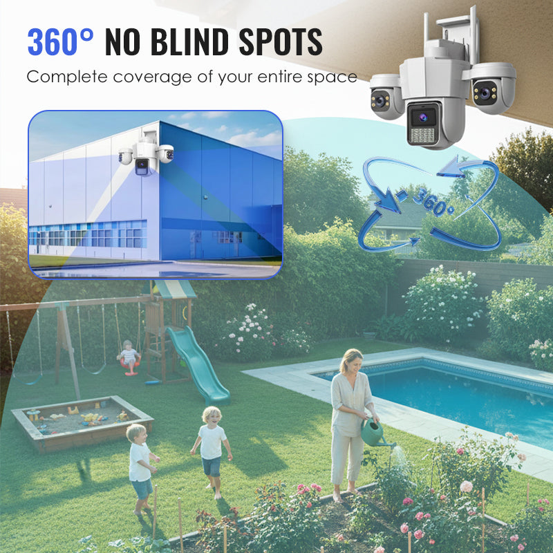 ⏳Limited-time 50% off⏰Say goodbye to blind spot anxiety. With a triple-lens 360° panoramic pan-tilt system, illegal intruders have nowhere to hide.