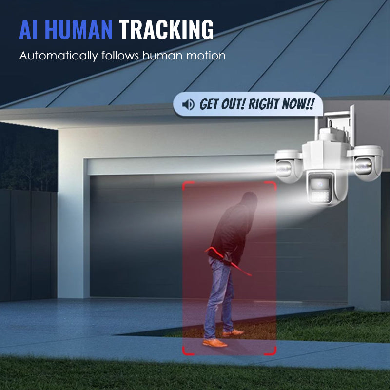 ⏳Limited-time 50% off⏰Say goodbye to blind spot anxiety. With a triple-lens 360° panoramic pan-tilt system, illegal intruders have nowhere to hide.
