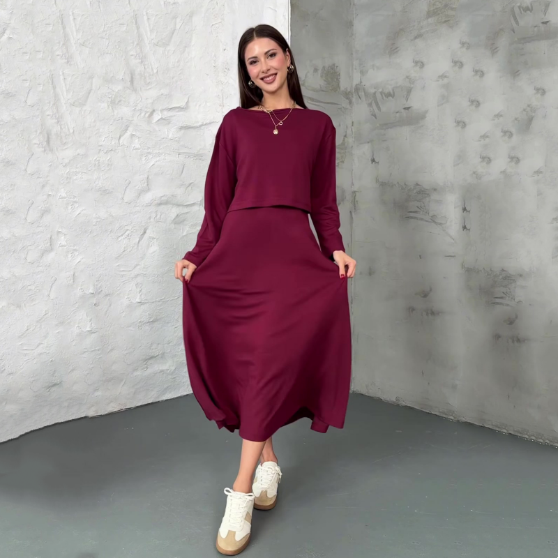 📢📢60 % OFF !!🎅Women's Long Sleeve Crop Tops & Sleeveless Dress 2-Piece Set