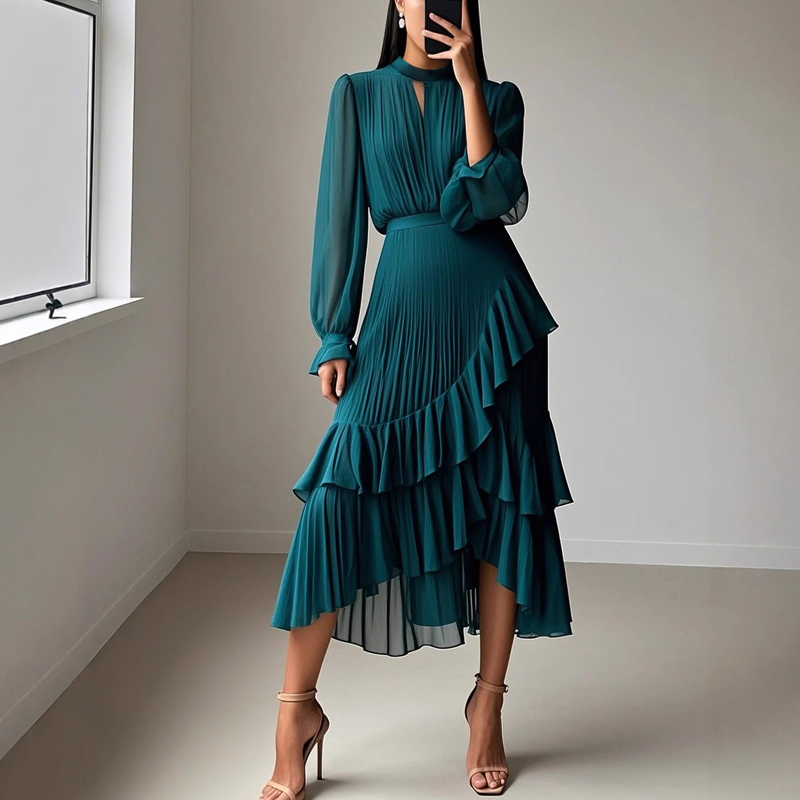 📢📢60% OFF !!!⏰Women's Keyhole Neckline Ruffled Midi Dress