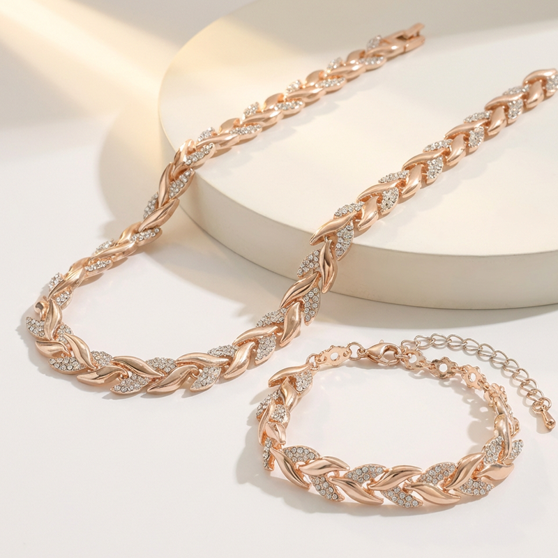 📢📢49% OFF !!!⏰Adjustable Rhinestone Leaf Link Necklace & Bracelet Set
