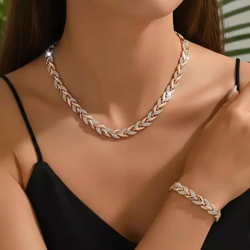📢📢49% OFF !!!⏰Adjustable Rhinestone Leaf Link Necklace & Bracelet Set