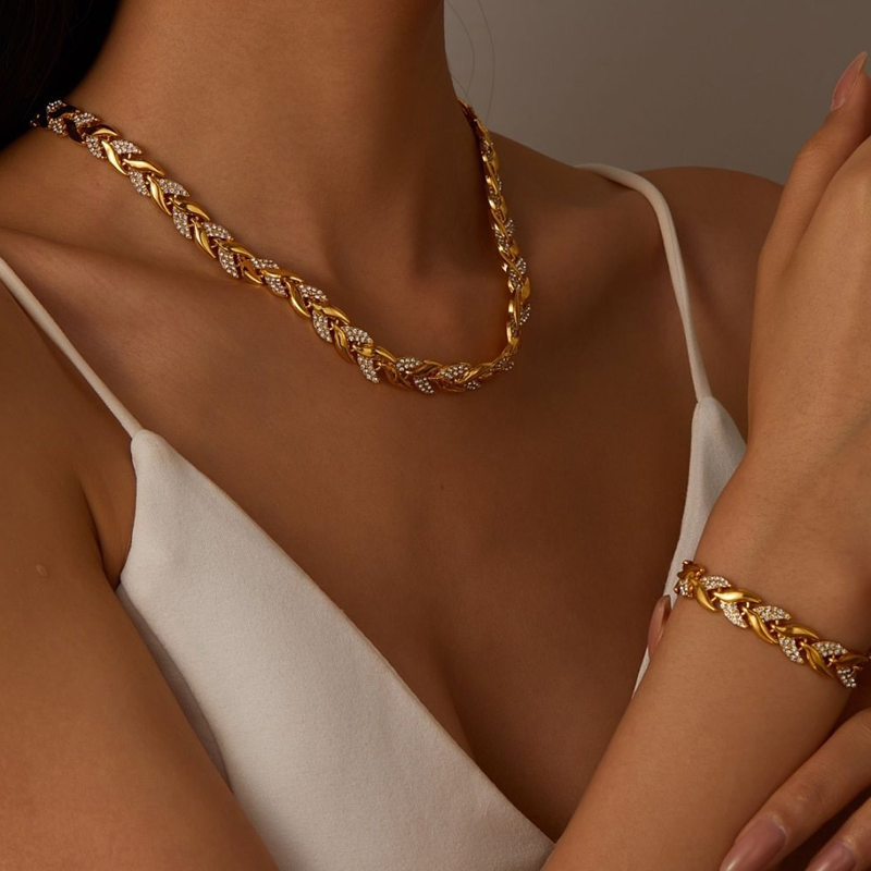 📢📢49% OFF !!!⏰Adjustable Rhinestone Leaf Link Necklace & Bracelet Set