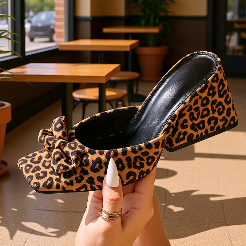 📢📢Big Sale Now On!⏰Square Toe Leopard Slip-On Heeled Sandals