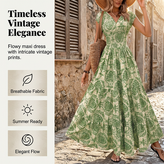 📢📢35% OFF !! ⏰Women's V-Neck Floral Print Smocked Maxi Dress