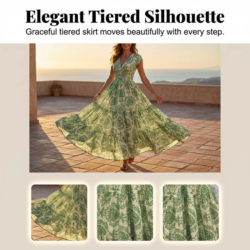 📢📢35% OFF !! ⏰Women's V-Neck Floral Print Smocked Maxi Dress