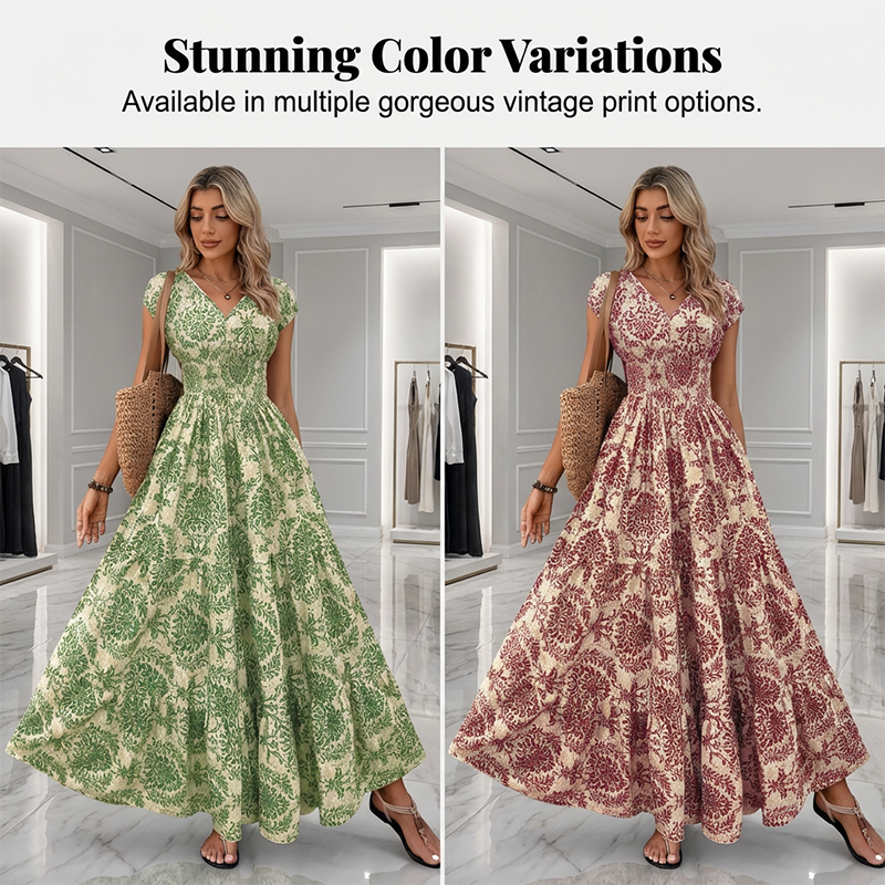 📢📢35% OFF !! ⏰Women's V-Neck Floral Print Smocked Maxi Dress