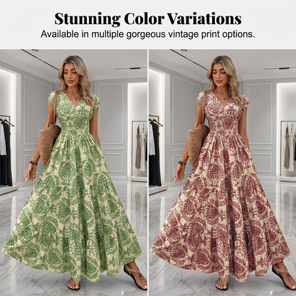 📢📢35% OFF !! ⏰Women's V-Neck Floral Print Smocked Maxi Dress
