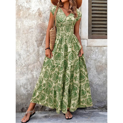 📢📢35% OFF !! ⏰Women's V-Neck Floral Print Smocked Maxi Dress