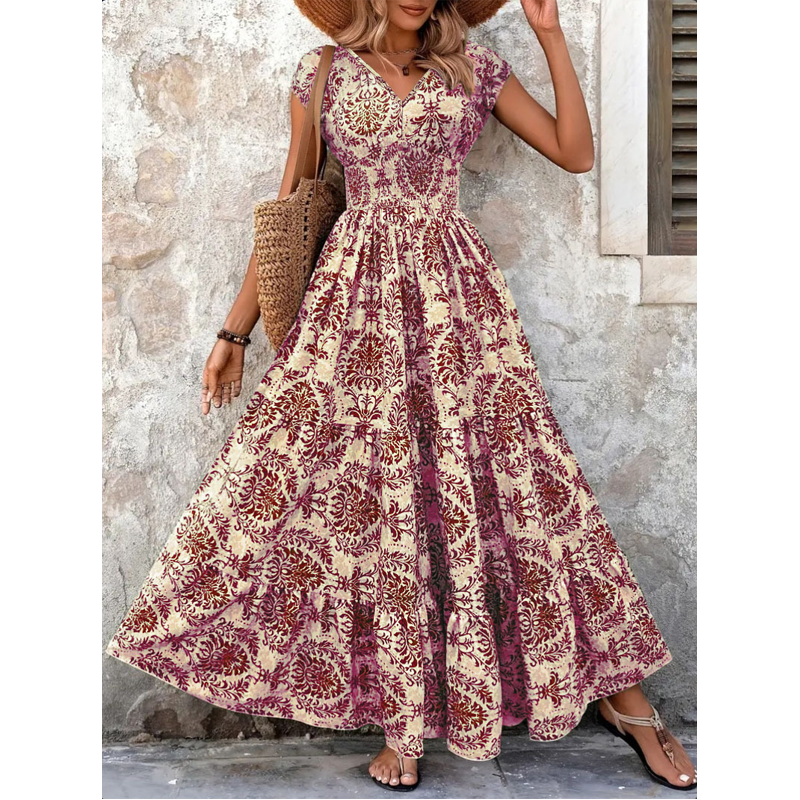 📢📢35% OFF !! ⏰Women's V-Neck Floral Print Smocked Maxi Dress