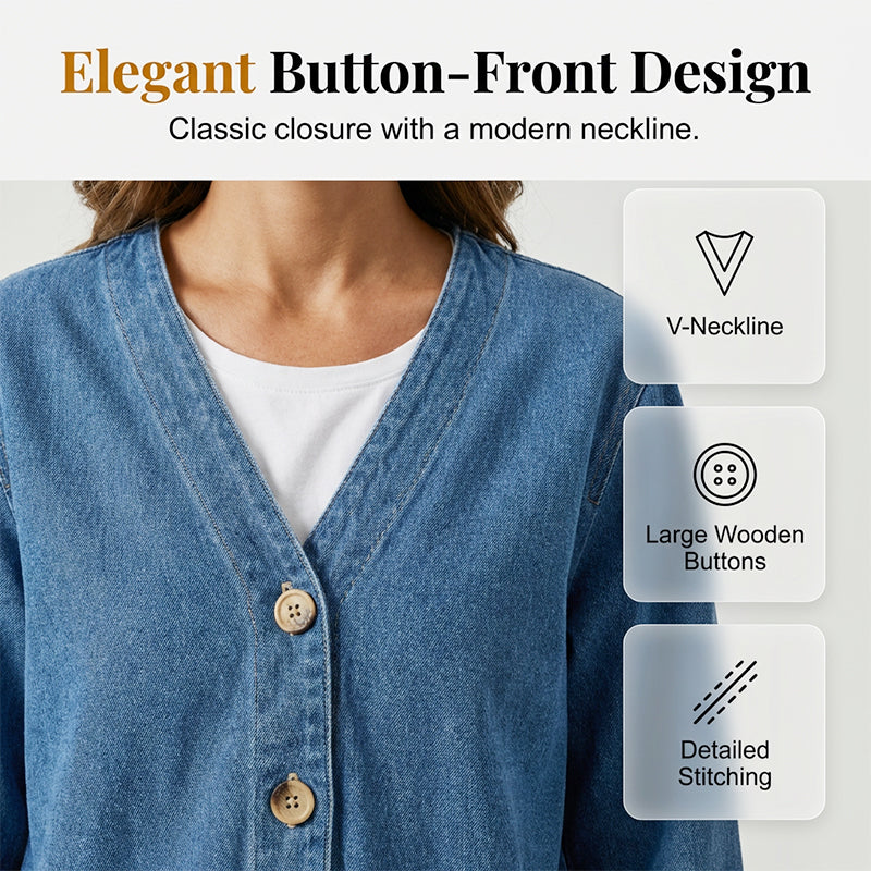 📢📢40% OFF !! ⏰  Women's Classic Button Front Denim Jacket – V-Neck, Breathable Fabric & Relaxed Fit 💙