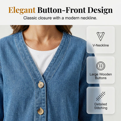 📢📢40% OFF !! ⏰  Women's Classic Button Front Denim Jacket – V-Neck, Breathable Fabric & Relaxed Fit 💙