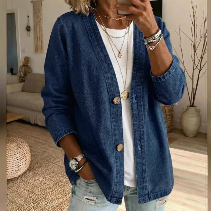 📢📢40% OFF !! ⏰  Women's Classic Button Front Denim Jacket – V-Neck, Breathable Fabric & Relaxed Fit 💙