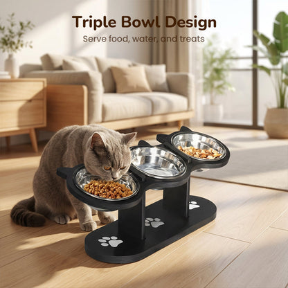 📢📢30% OFF !! ⏰ Anti-Slip Elevated 3-Bowl Pet Feeder! 🍲🐶🐱