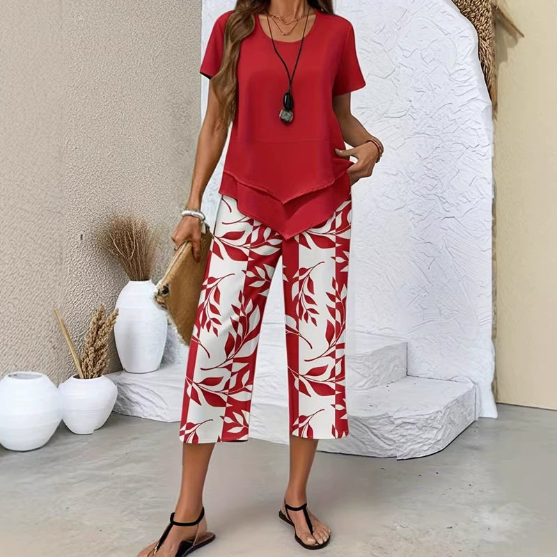 📢📢30% OFF !! ⏰Casual Round Neck Layered Tunic Top and Wide Leg Pants Set