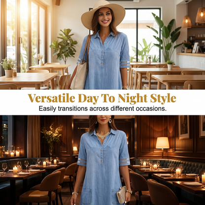 📢📢30% OFF !! ⏰Relaxed Fit A-Line Denim Dress with Mesh Sleeve Detail