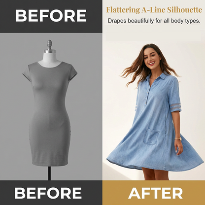 📢📢30% OFF !! ⏰Relaxed Fit A-Line Denim Dress with Mesh Sleeve Detail