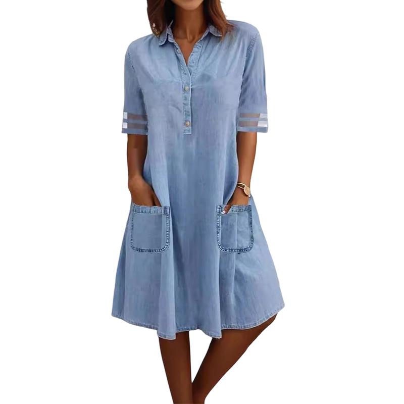 📢📢30% OFF !! ⏰Relaxed Fit A-Line Denim Dress with Mesh Sleeve Detail
