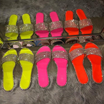 📢📢30% OFF !! ⏰ Women's Sparkling Rhinestone Flat Slide Sandals – Neon Colors, Cushioned Sole & Slip-On Style 💎