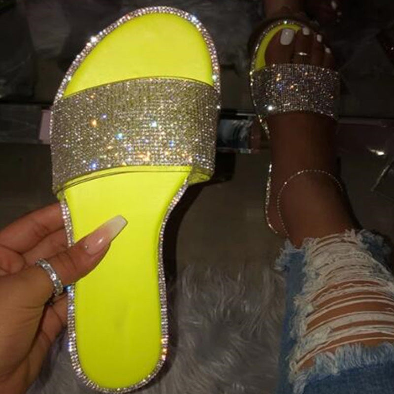 📢📢30% OFF !! ⏰ Women's Sparkling Rhinestone Flat Slide Sandals – Neon Colors, Cushioned Sole & Slip-On Style 💎