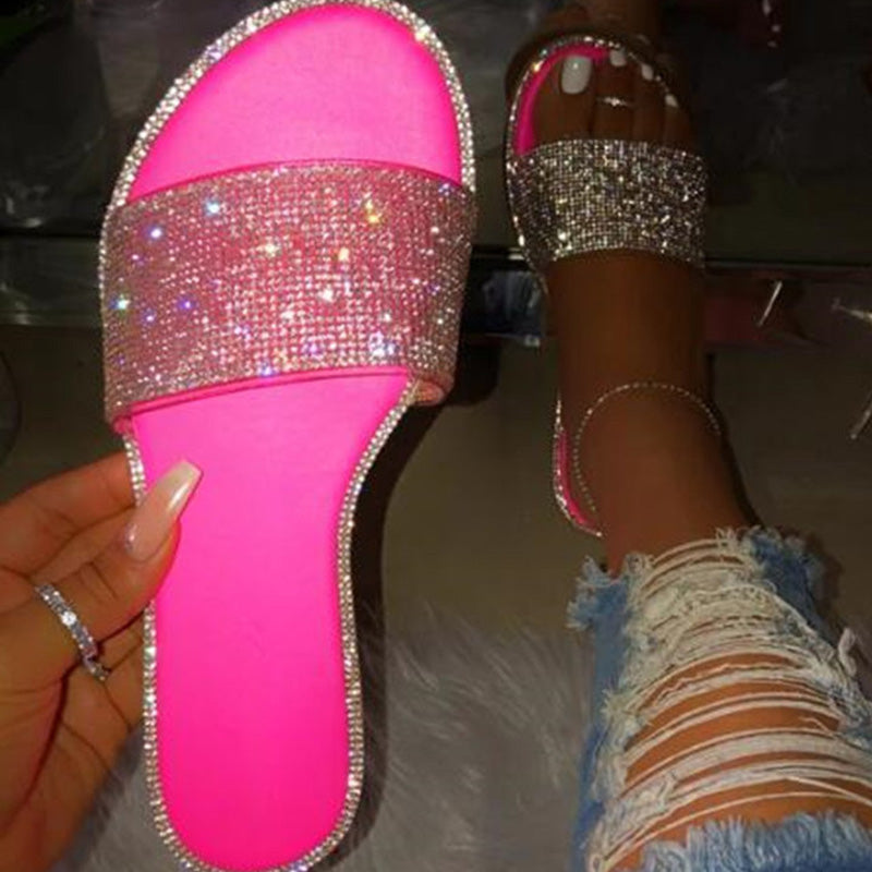 📢📢30% OFF !! ⏰ Women's Sparkling Rhinestone Flat Slide Sandals – Neon Colors, Cushioned Sole & Slip-On Style 💎