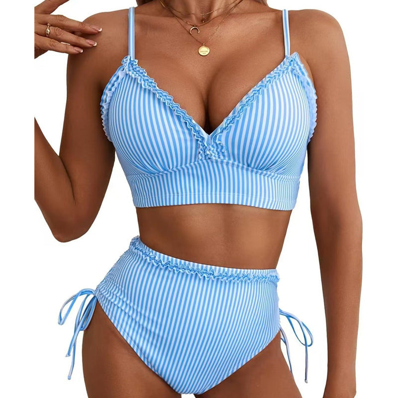 📢📢30% OFF !! ⏰Striped Ruffle Trim High-Waisted Bikini Set