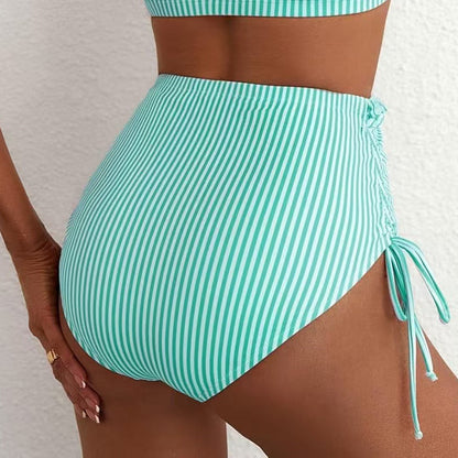 📢📢30% OFF !! ⏰Striped Ruffle Trim High-Waisted Bikini Set