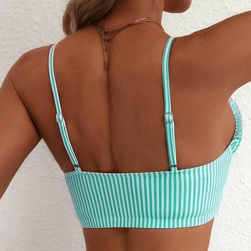 📢📢30% OFF !! ⏰Striped Ruffle Trim High-Waisted Bikini Set