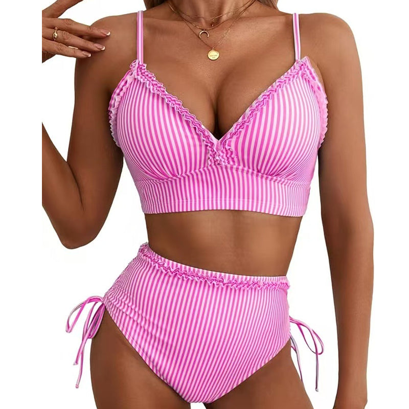 📢📢30% OFF !! ⏰Striped Ruffle Trim High-Waisted Bikini Set