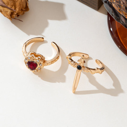 📢📢40% OFF !! ⏰Vintage Adjustable Sword Piercing Heart Ring Set