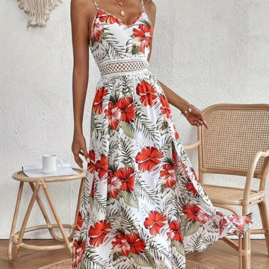 📢📢30% OFF !! ⏰Women’s Floral Print High Slit Spaghetti Strap Flowy Dress